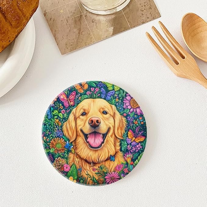1 Pcs Coffee Cup Coasters for Drinks, Golden Retriever in Floral Paradise Round Absorbent Non-Slip Ceramic Stone Cork Coasters for Kitchen Living Room Office Decoration Bar (4 * 4 Inch)