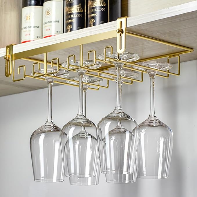 CAKERS Creative Wine Glass Holder|Under Cabinet Iron Art Stemware Rack|Hanging Wine Glass Drying Holder For Kitchen Bar Restaurant,Gold,3 Rows