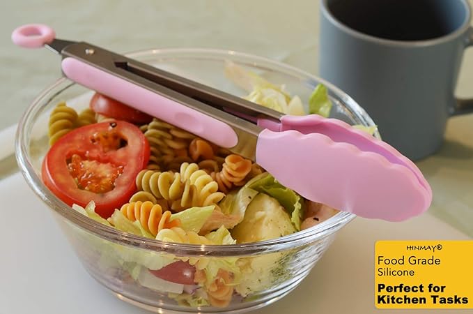 HINMAY Serving Tongs with Silicone Tips 9 Inches Stainless Steel Food Tongs, Set of 3 (Pink)