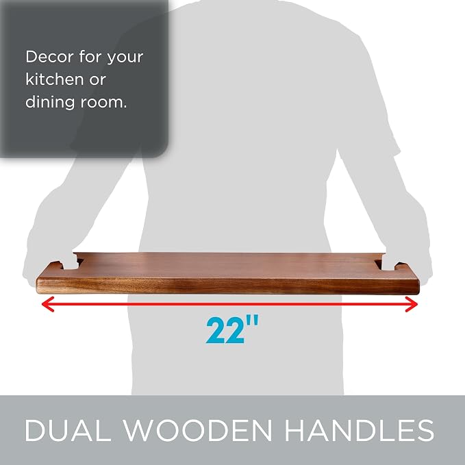 BIRDROCK HOME Acacia Wooden Cheese & Charcuterie Board with Handles 22" | Rectangular Food Platter for Bread, Meat, or Appetizers | Natural Wood Serving Tray Cutting Board for Kitchen & Outdoor Use