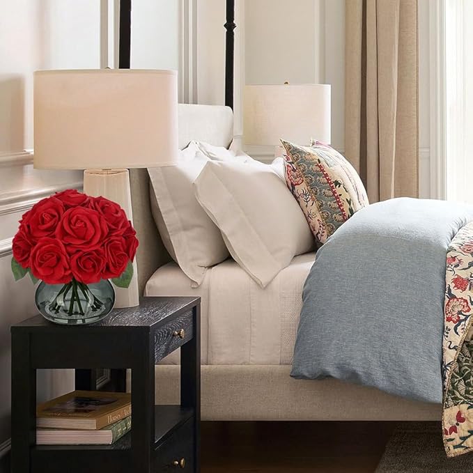 Hollyone Red Roses Artificial Flowers in Vase Silk Fake Rose Bouquet Flowers Floral Arrangements with Glass Vase with Faux Water for Home Bathroom Office Table Centerpiece Shelf Decorations