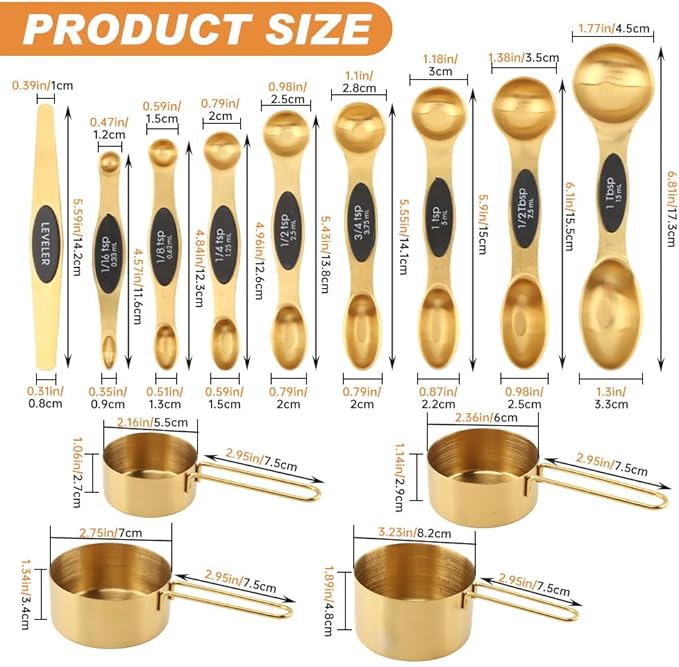 13Pcs Magnetic Measuring Spoons Set,Stainless Steel Measurin g Cups,8 Dual Sided Magnetic Measuring Spoons with Leveler,4 Nesting Measurings Cups for Liquid and Dry Ingredients(Golden,Size:Multi size)