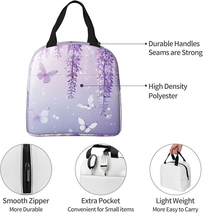 Lunch Bag Lavender Butterfly Light Purple Flower Insulated Lunch Box Reusable Cooler Tote for Adults Student Girl Boy Work Office School Picnic Over 3 Years Old