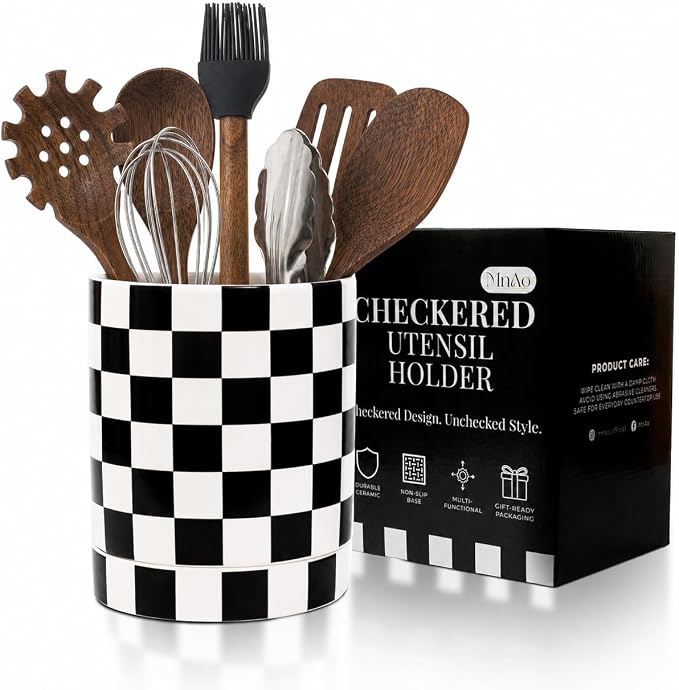 Checkered Utensil Holder for Kitchen Counter – Ceramic Utensil Holder for Checkered Kitchen Decor - Black and White Utensil Holder with Drainage Holes & Cork Base - Spatula Holder for Counter 7x6"