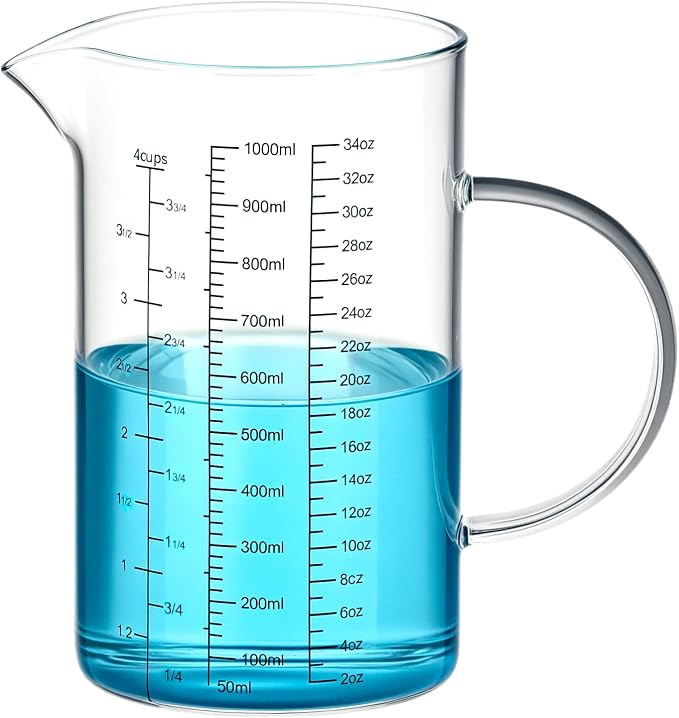 QWORK 34OZ/1000ML Glass Measuring Cup (Ml/Oz/Cup), 4 Cups Multi-Purpose Kitchen Tool with V-Shaped Spout & Handle
