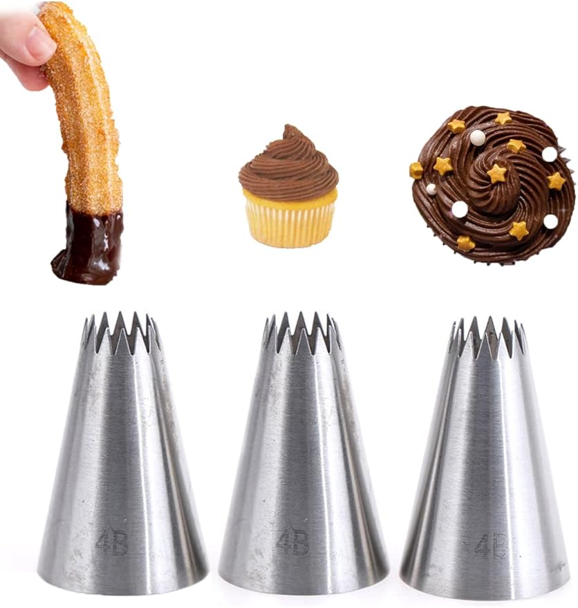 French Star Piping Tip 4B，Large 4B Icing Tip for Shells,Border, Waves, Churros &Cake Decorating,3 Pcs