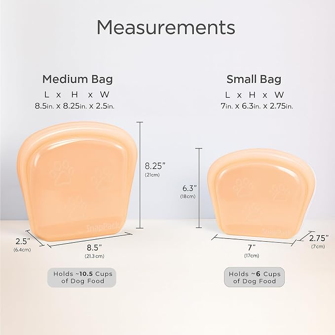 SnapPack Reusable Silicone Dog Food Storage Containers, Stand Up Pet Food Bags for Travel, Kibble & Wet Food Container, BPA Free, Dishwasher & Freezer Safe, Peach 2-Pack (1000, 2000ml)
