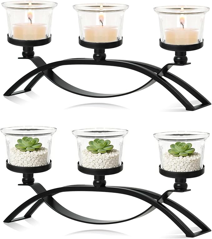 3-Arm Metal Tea Light Candle Holder Set with 5 Glass Cups, Votive Candle Holders Centerpiece Candelabra for Wedding Table Decor, Home Gatherings and Holidays (Black, 3 Cups-2 Pcs)