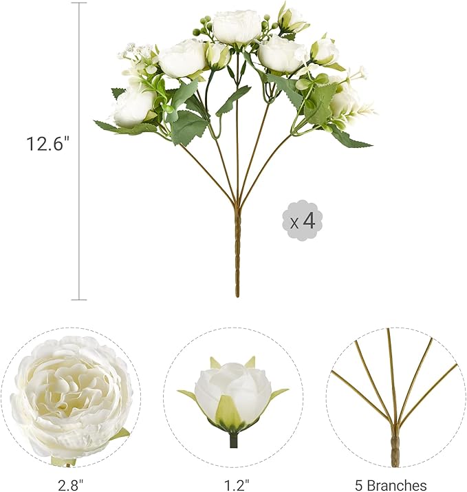Mkono Peonies Artificial Flowers, Small Silk Flowers for Home Decor Indoor Fake Bouquet Faux Floral Arrangements Dining Table Centerpieces for Kitchen Party Decor White