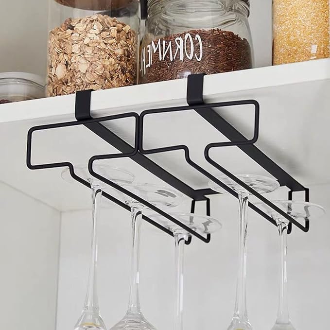 Metal Stemware Rack, Multifunction Wine Glass Holder Under Cabinet, No Drilling Champagne Goblets Storage Shelf, Home Glass Hanging Holder, 2 Rows (Color : Black)