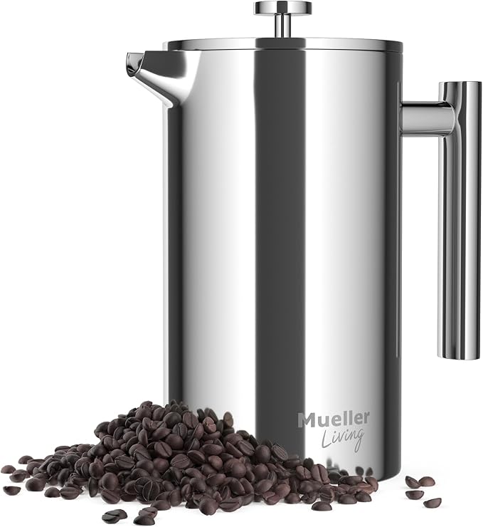 MuellerLiving French Press Coffee Maker 34oz, Stainless Steel French Press Coffee, 4 Filter Heat Resistant Double Insulated, Rust-Free, Food Grade, Dishwasher Safe Coffee Pot | 34oz | Stainless Steel | 4 Filter Heat Resistant Double Insulated | Rust-Fr...