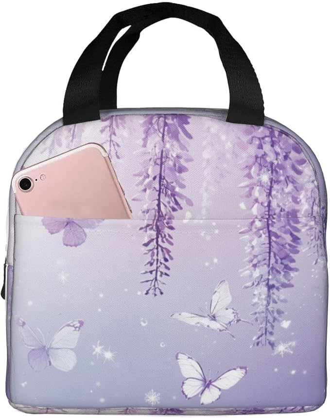 Lunch Bag Lavender Butterfly Light Purple Flower Insulated Lunch Box Reusable Cooler Tote for Adults Student Girl Boy Work Office School Picnic Over 3 Years Old