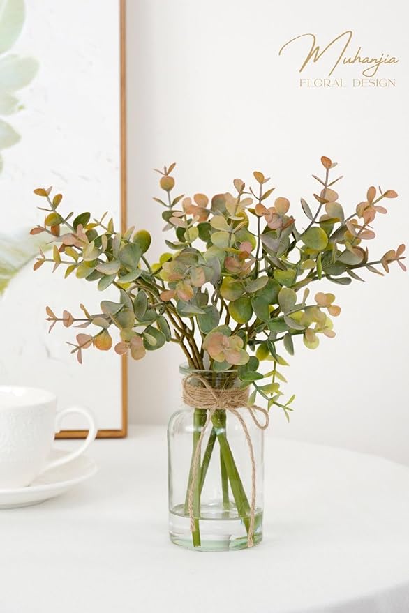 Muhanjia Artificial Eucalyptus Stems in Glass Vase with Faux Water,6Pcs Grey-Orange Fake Plant for Centerpiece (Grey-Orange Eucalyptus)