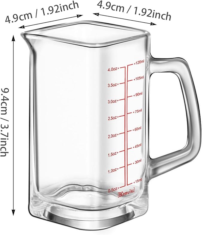 Square Shot Glass With Handle - Measuring Cup 4 Ounce/120ML - Liquid Heavy High Espresso Glass Cup - V-Shaped Spout (Red 2PCS)
