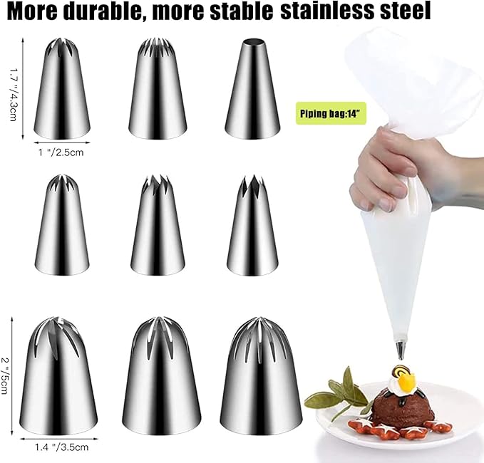 22Pcs Piping Nozzles Set, Stainless Piping Tip Set with 10 Pastry Piping Bags, Anti - Burst Cupcake Icing Bags, 2 Couplers, for Cake Decoration Cupcake Baking Cookie…