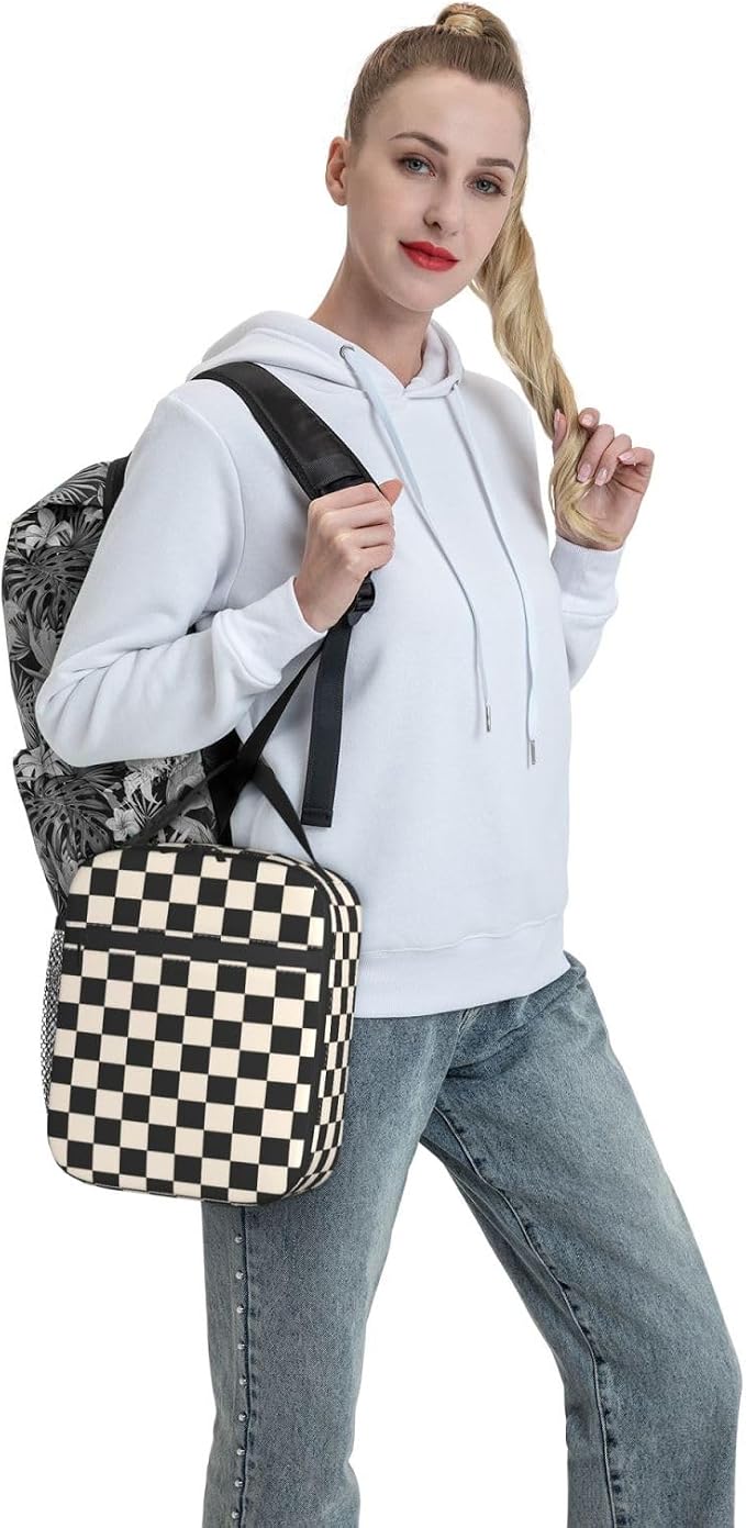 Black White Checkered Lunch Box Insulated Lunch Bag for Adult Women Men Reusable Aesthetic Tote Lunchbox Container Work Outdoor Picnic Hiking