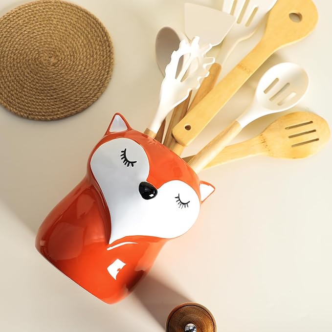 Ceramic Fox Cartoon Animal Pattern Kitchen Utensil Holder, Large Cooking Utensil Crocks for Kitchen Countertop, Cartoon Style Utensil Organizer