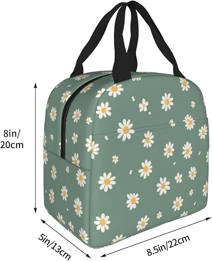 Lunch Bag Daisy Flower Green Insulated Lunch Box Reusable Cooler Tote for Adults Student Girl Boy Work Office School Picnic Over 3 Years Old