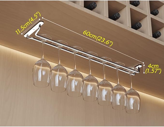 CAKERS Under Cabinet Hanging Stemware Display Rack|304 Stainless Steel Wine Glass Holder|Wine Glass Storage Organizer Hanger,1 Rows,60cm(23.6in)
