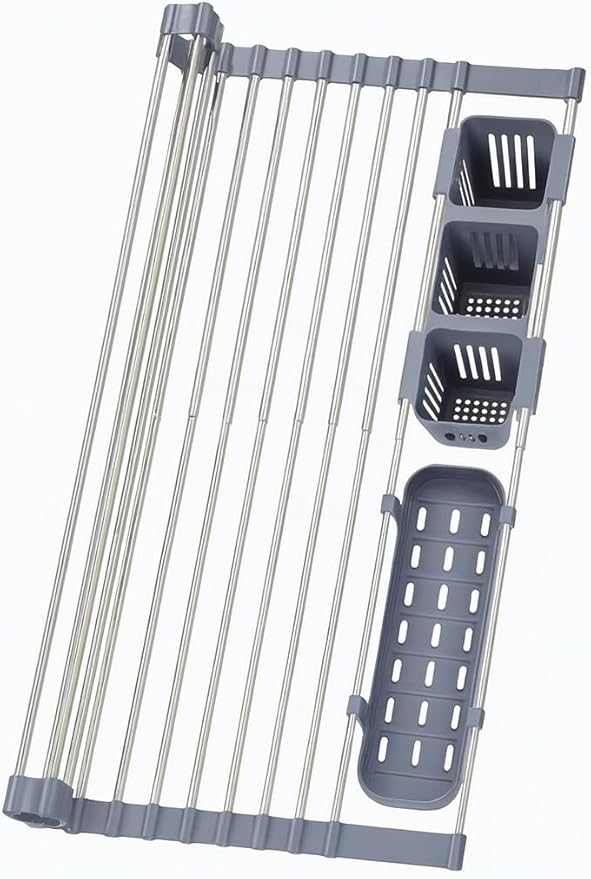 Gabrielline Extra Large Roll Up Dish Drying Rack for Kitchen Sink - 21.6” x 12.7” Stainless Steel Over The Sink Mat with Utensil Caddy & Drip Tray - Heavy Duty Space Saving 5-PC Set