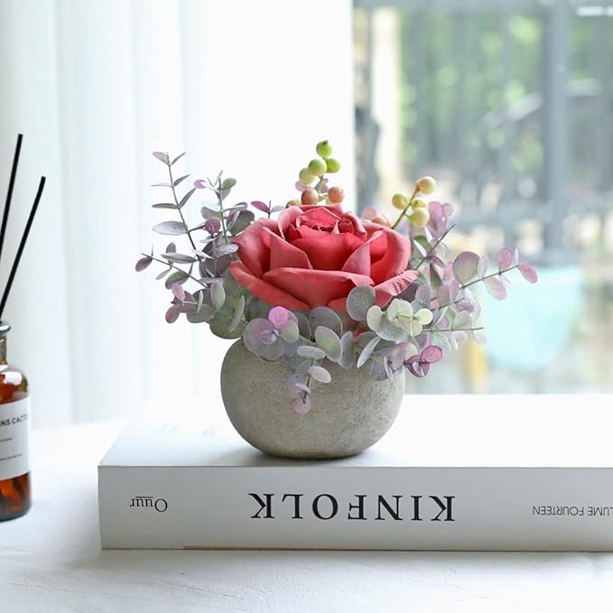Small Artificial 2pcs Pink Rose Potted Plant, 6" Fake Silk Flowers in 3.5" Round Pot, Mini Faux Floral Arrangement for Desk Shelf Bathroom Decor
