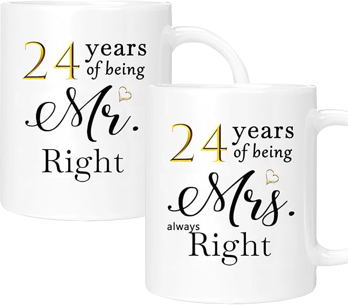 24th Anniversary Coffee Mugs Set of 2, 24 Year Anniversary Wedding Gifts Decorations for Couple Parents Men Women Husband Wife Him Her, Gift Box Packaging, 11oz