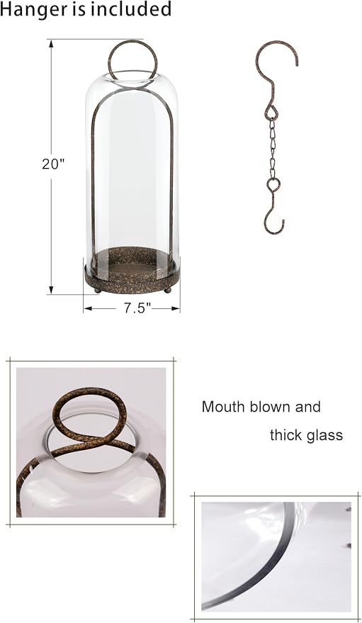 20" High Versatile Modern Metal Hurricane Lantern with Handmade Sturdy Glass Dome in Rustic Brown for Pillar Candle & Plants, Industrial, Farmhouse, Shabby Chic (Brown, 7.5"x20")