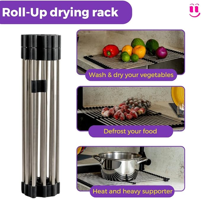 3-in-1 Over Sink Dish Drying Rack – Roll-Up Sink Rack, Silicone Mat & Folding Dish Rack – Multi-Functional, Space-Saving Kitchen Organizer (Grey)