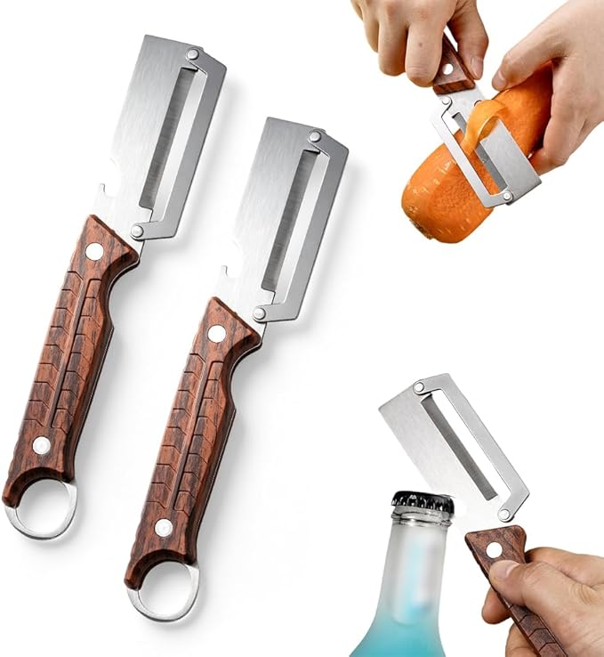 Premium Multi-Functional Vegetable Peeler for Kitchen, Heavy Duty Stainless Steel Potato Peeler with Ergonomic Wooden Handle & Bottle Opener & Storage Hanging Hole for Fruit and Vegetables (B-2Pcs)