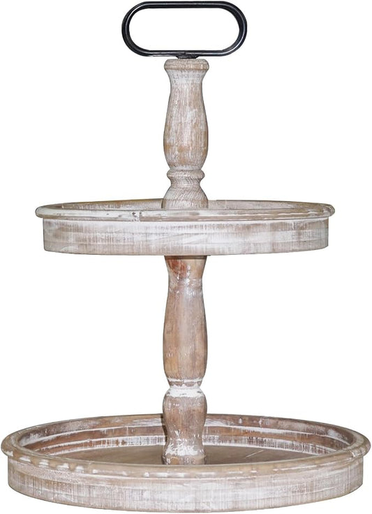 Krismax Decorative Trays - Two Tiered Tray Stand Rustic Decor Farmhouse 2 Tiered Tray Serving Tray Seasonal & Holiday Decoration Wooden Tray