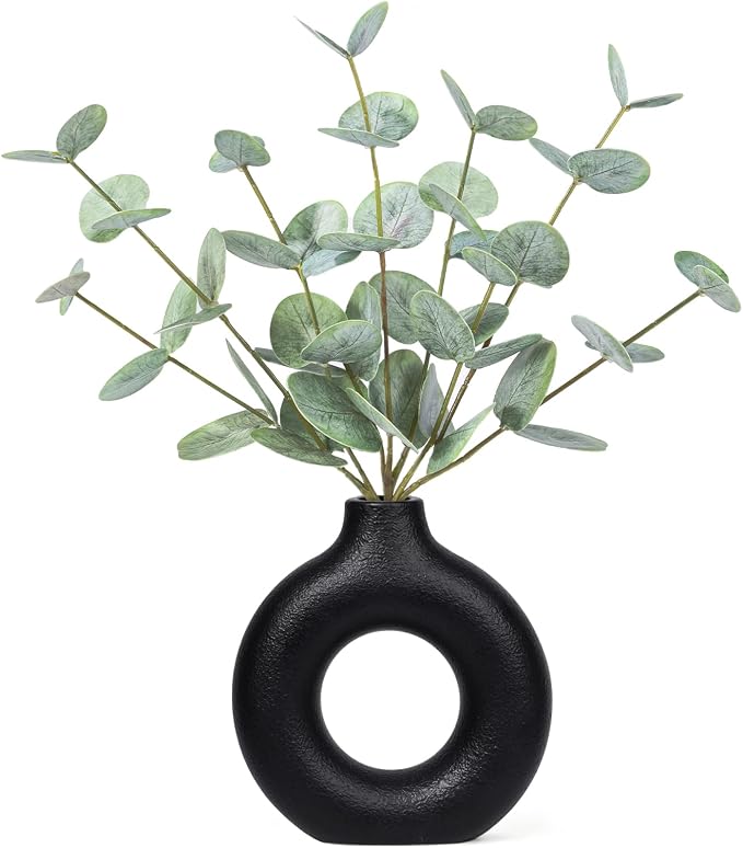 FIACO Artificial Eucalyptus Stems in Ceramic Vase, 14" Fake Plants for Home Decor, Coffee Table Centerpiece Bathroom Shelf Dining Table Farmhouse Faux Greenery Plants Indoor Decorations