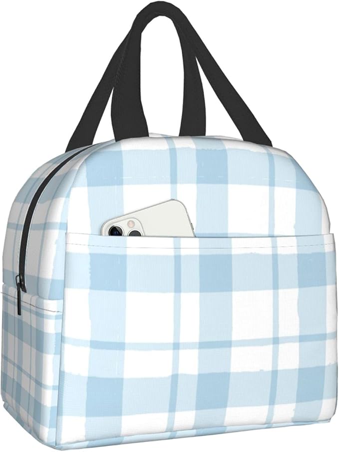 Lunch Bag Plaid Blue Check Insulated Lunch Box Cooler Tote for Adults Kid Girl Women Work Office School Picnic Beach Reusable Lunchbox Over 3 Years Old