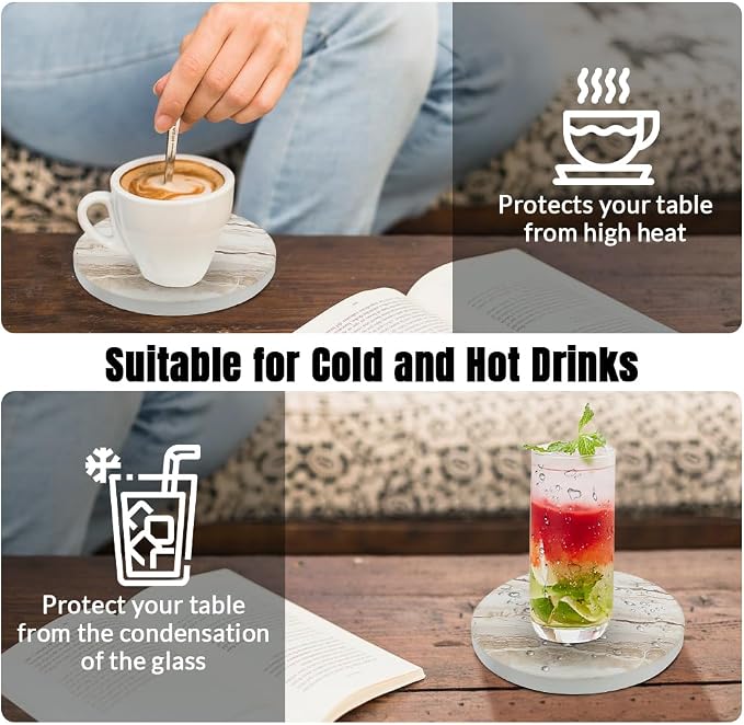 Ceramic Coasters Set of 8, Marble-Textured Design with Holder - Absorbent Cork-Backed Coasters for Cups, Bar & Coffee Table Decor Accessories (Khaki Marble, 8 Pack-Thin)