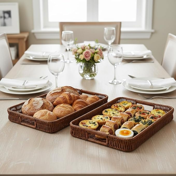 3pcs Rectangular Serving Tray with Handles, Decorative Wicker Organizer Baskets Storage Tray for Coffee Table, Bread, Fruit, Snacks, Centerpiece Decor