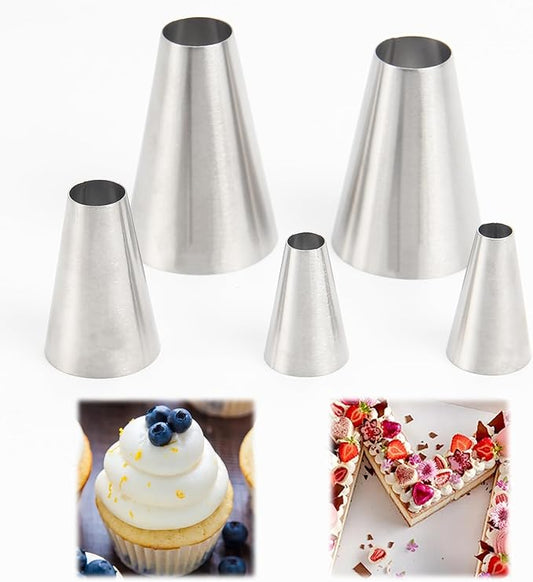 Round Piping Tip Set – 5-Piece Stainless Steel Cake Decorating Tips, Ideal for Cake Decorating, Icing, Cookie, Cupcakes, Includes 2 Small, 1 Medium, and 2 Large Round Tips Baking Tools