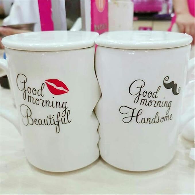 Creative Kissing Mugs Set, Ceramic Couple Coffee Mug with Lid - Good Morning Beautiful and Good Morning Handsome - 12 OZ White Tea Cup Set for Anniversary, Wedding, Birthday Gift