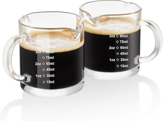 Ackers Etched Scale Espresso cup with Handle, Thickened Bottom and Wall, Double V-Shaped Spout,4OZ Milk Frothing Pitcher,120ML Milk Cup with Handle, Espresso Accessory (Pack of 2)