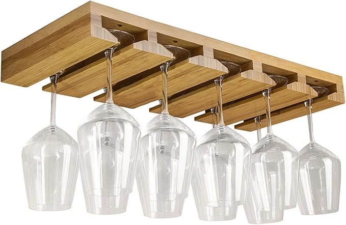 4 Sectional Under Cabinet Wood Wine Glass Rack，Hanging Shelf Stemware Rack Bar Organizer with Up to 1 Row 2 Wine Glass Storage(5 Rows)