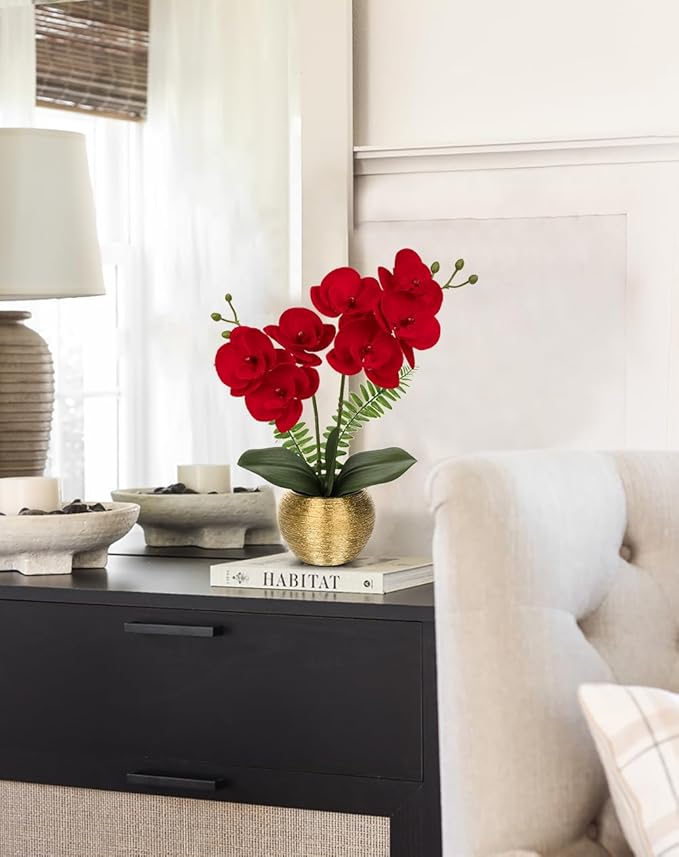 Briful Orchid Fake Flowers 13'' Red Silk Orchid Artificial Flowers with Gold Pot Small Faux Orchid Arrangement for Home Office Dining Room Table Centerpiece Shelf Decor