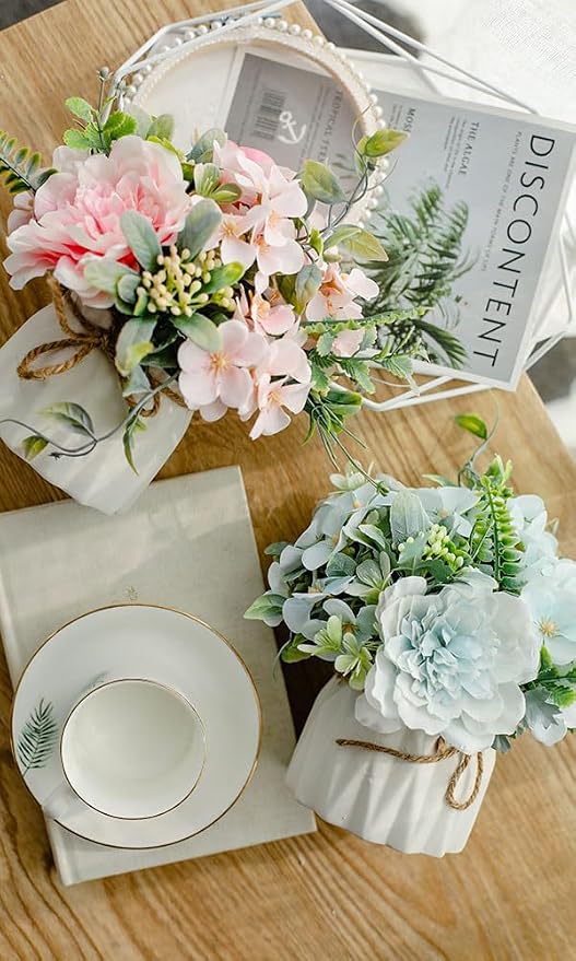 TKAS Fake Flowers Arrangement in Ceramic Vase, Artificial Faux Silk Roses & Hydrangea, Small Realistic Dried-Style Floral Dining Table Centerpiece for Wedding Party Home Decoration (Blue)