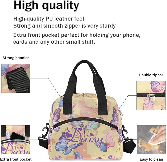 Personalized Butterfly Lunch-Bag for Women, Custom Insulated Cooler Lunch Box with Name, Leakproof-Reusable Lunch Tote Bag for Work Office Picnic - Yellow Purple