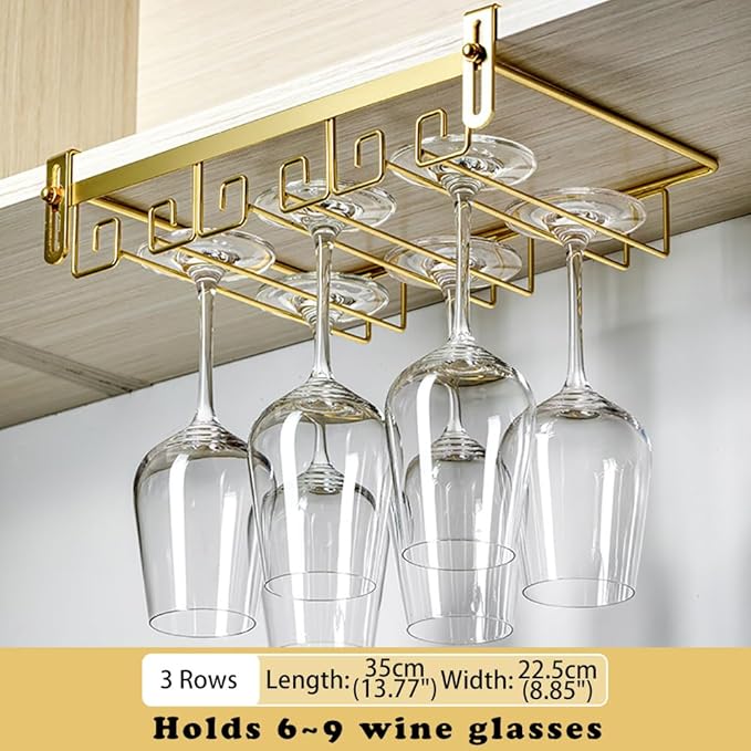 CAKERS Creative Wine Glass Holder|Under Cabinet Iron Art Stemware Rack|Hanging Wine Glass Drying Holder For Kitchen Bar Restaurant,Gold,3 Rows