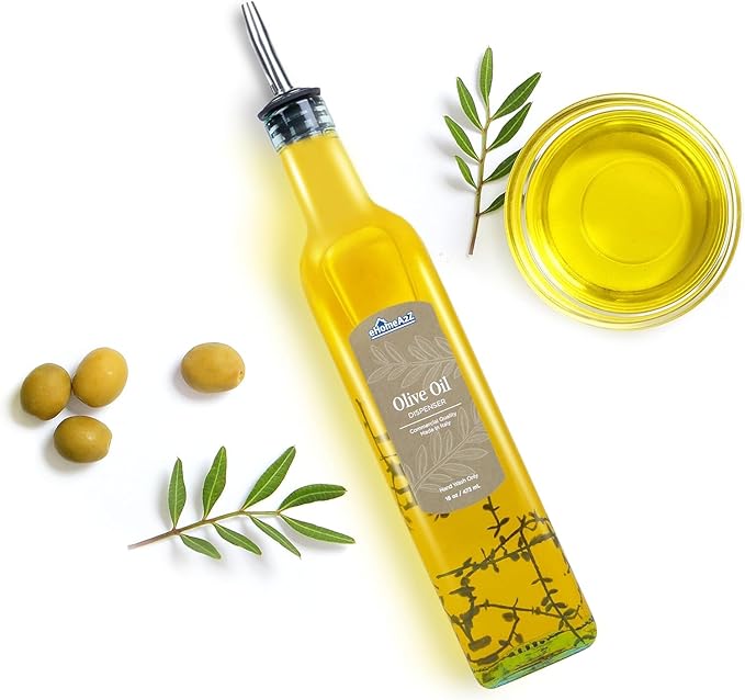 Olive Oil Dispenser Bottle - 16 oz, Made in Italy Glass Olive Oil and Vinegar Cruet with Stainless Steel Spout for Kitchen, Slight Green Tint (1, 473 ml)