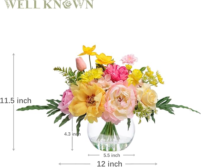 WELL KNOWN Artificial Flowers Centerpieces in Glass Vase with Fake Water, Yellow & Hot Pink Silk Rose Peony & Fake Tulips Bouquet for Birthday Party Wedding Dining Table Office Decor & Mom's Gift