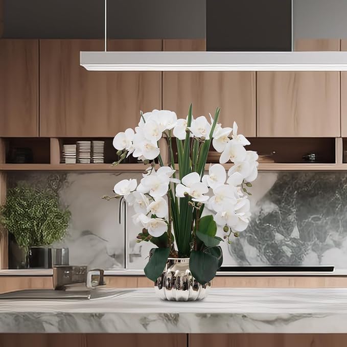 CXGS Artificial Orchid Flower Real Touch Faux Orchids in Ceramic Vase Large 22.9'' Fake Flowers White Phalaenopsis Floral for Home Indoor Decor