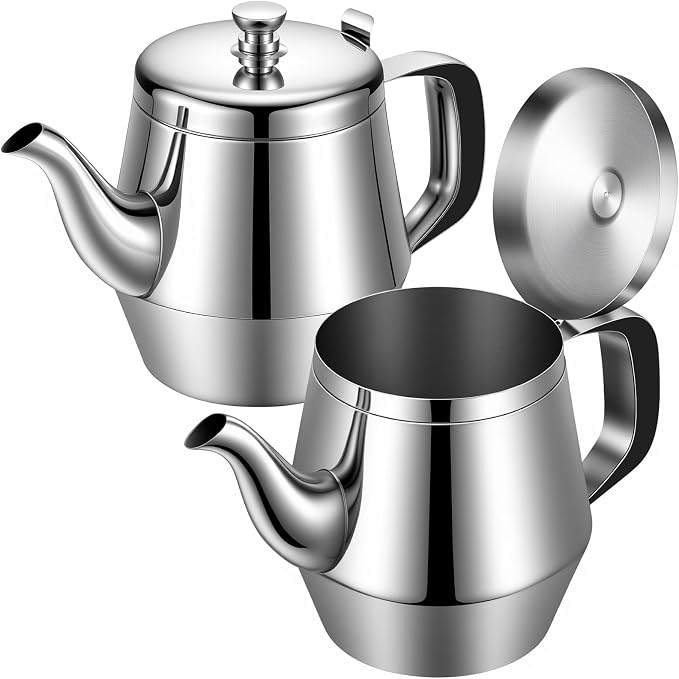 Yungyan 2 Pack Stainless Steel Teapot 32 oz Silver Small Metal Gooseneck Tea Pot Water Kettle for Stove Restaurant Home