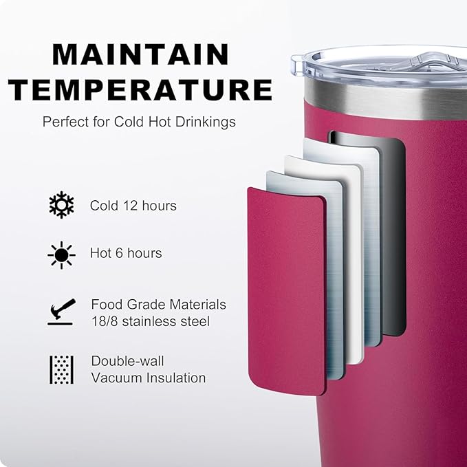 koodee Travel Coffee Mug with Lid, 20 oz Insulated Coffee Mug Stainless Steel Double Wall Camping Coffee Cup, Spill Proof (Fuchsia Red)