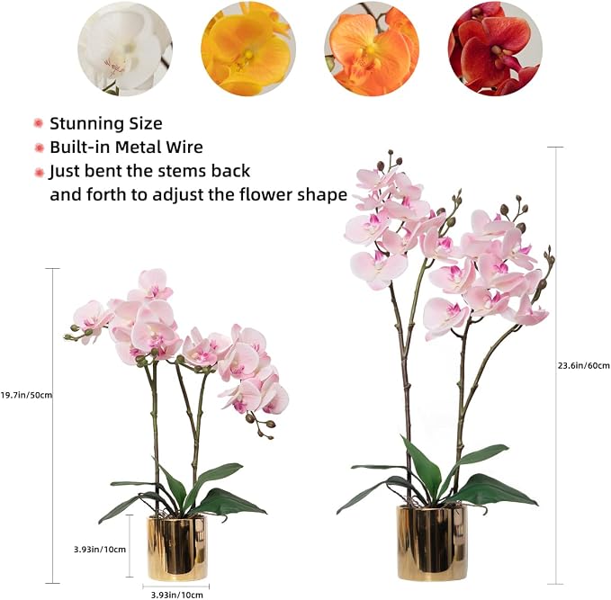 CXGS Artificial Orchid Flower Plant Real Touch Faux Orchids in Ceramic Vase Pink 19.7'' Fake Phalaenopsis Flower Arrangement Centerpiece Home Indoor Decor
