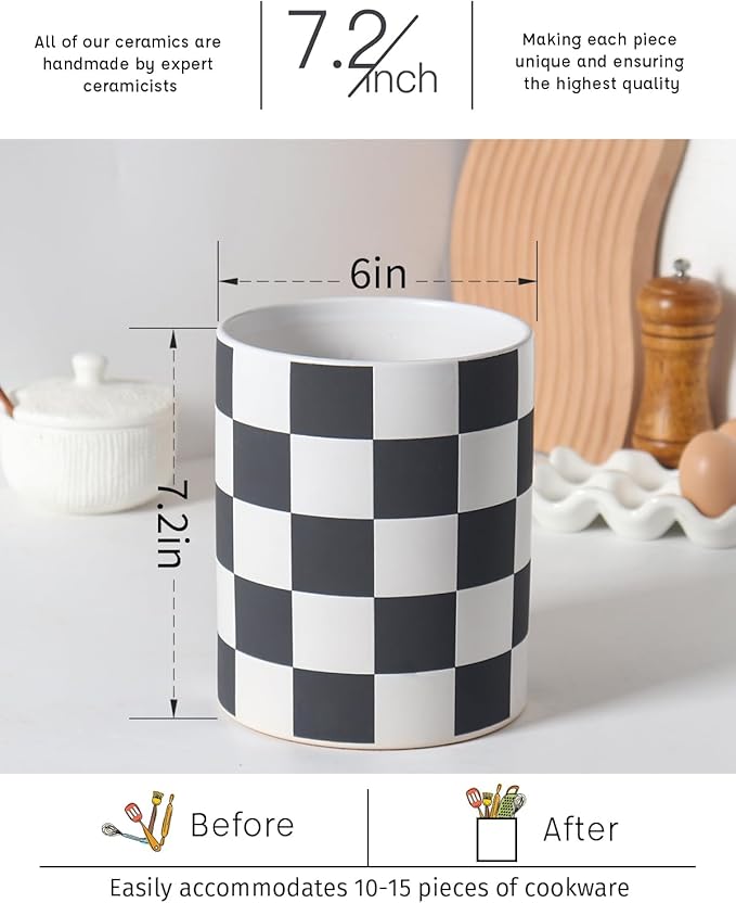 Checkered Kitchen Utensil Holder - 7.2" Ceramic Utensil Crock for Countertop, Kitchen Decor and Accessories for counte (Black)