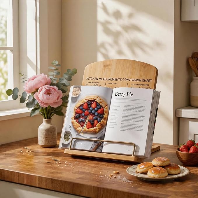 Adjustable Bamboo Cookbook Stand for Kitchen Counter – Multi-Functional Recipe Holder for Tablets, Cookbooks, Magazines & Textbooks – Perfect Kitchen Gift for Women (Kitchen Conversion Chart)
